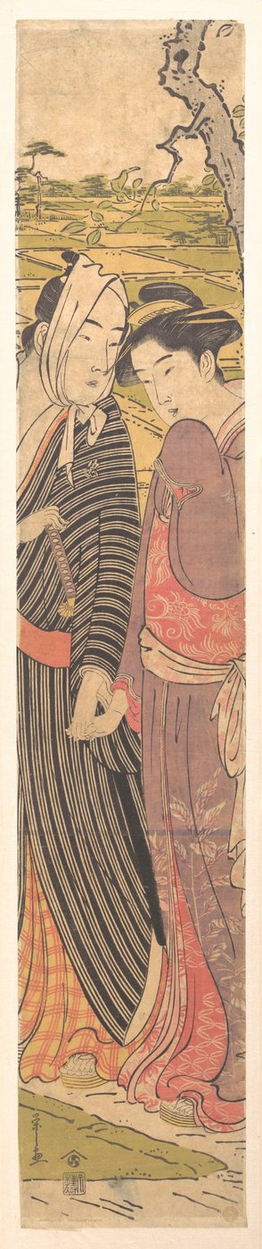 Ein Mann und ein Mädchen gehen in den Reisfeldern av Chobunsai Eishi