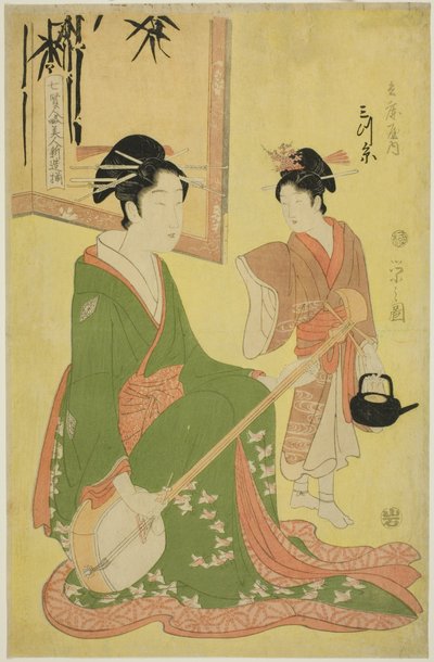 Beauchie s Parodying Theatre sages - En scen av utbytet r Kortsan s (Shichi Kenjin Yatsushi Bijin Shinzo Zoroe): Mitsui and of te hyogoya av Chobunsai Eishi