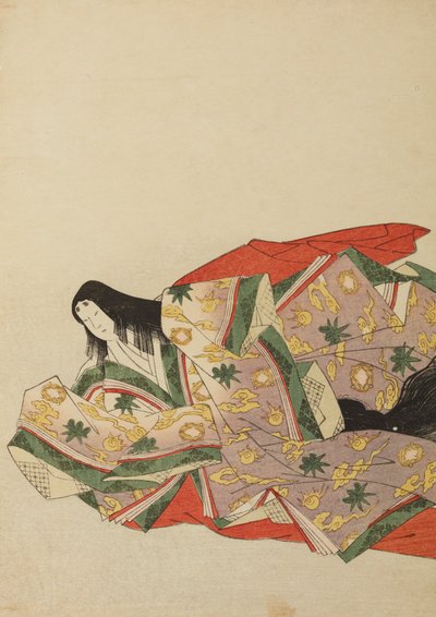 Hovdam sittande i en ljusviolett dräkt med grönt och gult mönster, plansch ur albumet: Nishiki-zuri onna sanju rokkasen e-zukushi av Chobunsai Eishi