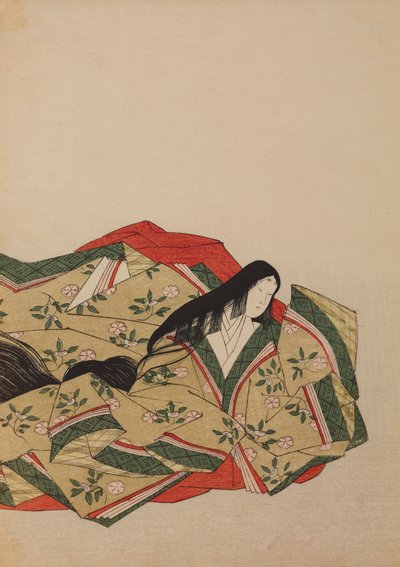 En hovdam klädd i en olivgrå klänning med motiv av körsbärsblommor, illustration ur albumet: Nishiki-zuri onna sanju rokkasen e-zukushi av Chobunsai Eishi