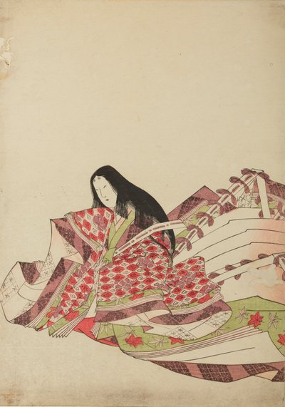 En hovdam klädd i en klänning med vita och röda romber, illustration ur albumet: Nishiki-zuri onna sanju rokkasen e-zukushi av Chobunsai Eishi