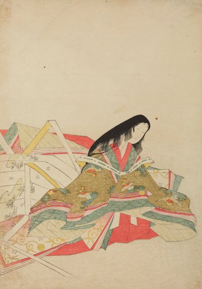 En hovdam klädd i en klänning med mönster av hoo-fåglar, illustration ur albumet: Nishiki-zuri onna sanju rokkasen e-zukushi av Chobunsai Eishi