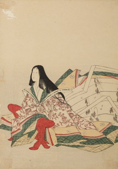 En sittande hovdam, stödd mot en kyosoku, bild ur albumet: Trettiosex kvinnliga poeter / Nishiki-zuri onna rokkasen e-zukushi av Chobunsai Eishi