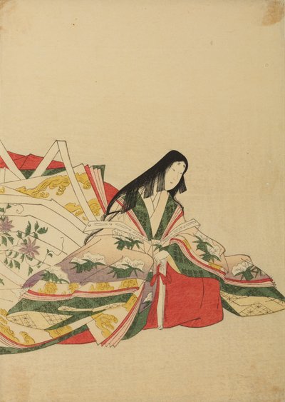 En sittande hovdam som stöder sig mot en solfjäder, illustration ur albumet: Nishiki-zuri onna sanju rokkasen e-zukushi av Chobunsai Eishi