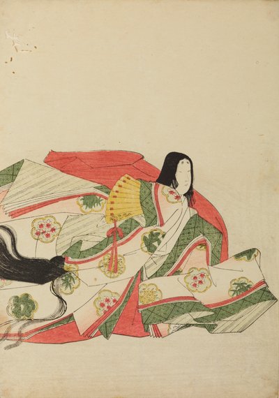 Sittande hovdam med en gul solfjäder, plansch ur albumet: Nishiki-zuri onna sanju rokkasen e-zukushi av Chobunsai Eishi