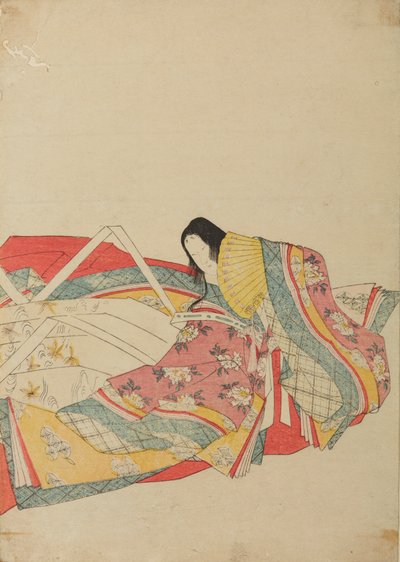 Sittande hovdam med gul solfjäder, blad ur albumet: Trettiosex poetissor / Nishiki-zuri onna sanju rokkasen e-zukushi av Chobunsai Eishi