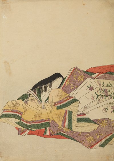 En sittande hovdam, vänd åt vänster, bild ur albumet: Nishiki-zuri onna sanju rokkasen e-zukushi av Chobunsai Eishi