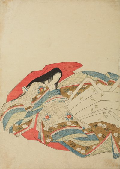 Sittande hovdam vänd åt vänster, plansch ur albumet: Nishiki-zuri onna sanju rokkasen e-zukushi av Chobunsai Eishi