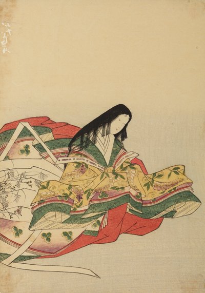 En sittande hovdam, vänd åt höger, illustration ur albumet: Nishiki-zuri onna sanju rokkasen e-zukushi av Chobunsai Eishi