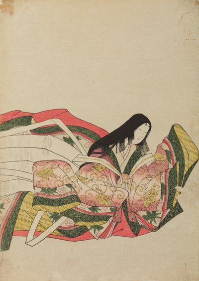 Sittande hovdam, vänd åt höger, plansch ur albumet: Trettiosex kvinnliga poeter / Nishiki-zuri onna sanju e-zukushi av Chobunsai Eishi