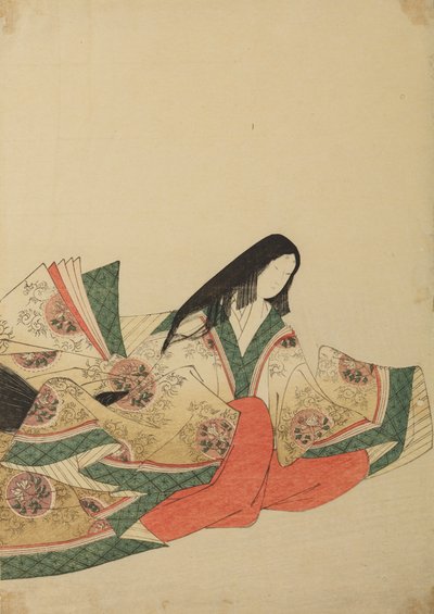 En sittande hovdam, vänd åt höger, klädd i en klänning med medaljongmönster, bild ur albumet: Nishiki-zuri onna sanju rokkasen e-zukushi av Chobunsai Eishi