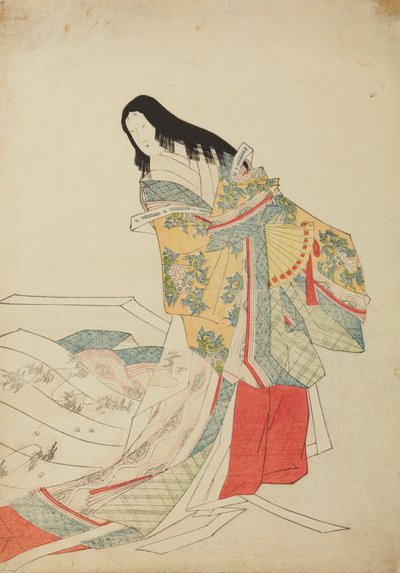 Stående hovdam med solfjäder, plansch ur albumet: Nishiki-zuri onna sanju e-zukushi av Chobunsai Eishi