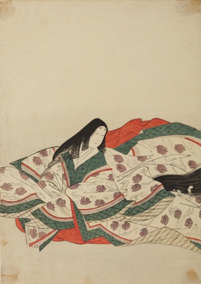Hovdam i vit kimono med ett mönster av ankungar på vattnet, plansch ur albumet: Nishiki-zuri onna sanju rokkasen e-zukushi av Chobunsai Eishi