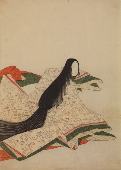 En hovdam i en rosa kimono med mönster av körsbärsblommor på vågorna, bild ur albumet: Trettiosex kvinnliga poeter / Nishiki-zuri onna sanju rokkasen e-zukushi av Chobunsai Eishi
