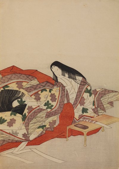 Hovdam med pensel vid ett bord, plansch ur albumet: Trettiosex poetissor av Chobunsai Eishi