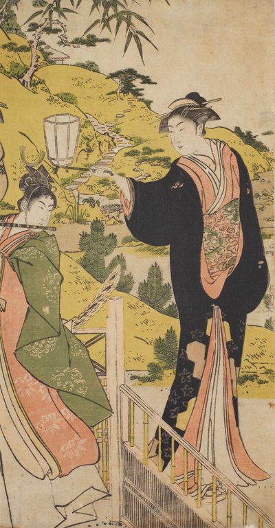 Junger Mann, der Flöte spielt, und Frau mit Laterne av Chobunsai Eishi