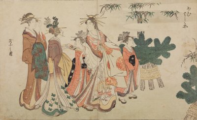 En oiran under en nyårspromenad, omgiven av två shinzo och två kamuro av Chobunsai Eishi