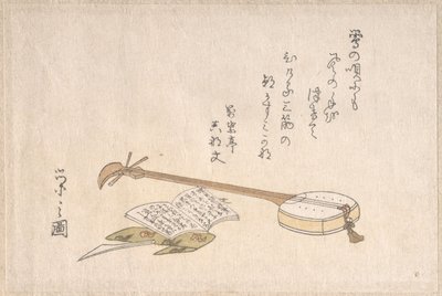 Shamisen, plektrum och en bok av Chobunsai Eishi