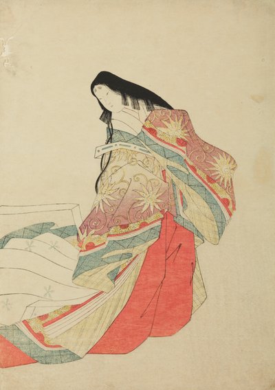 Stående hovdam, illustration ur albumet: Trettiosex kvinnliga poeter / Nishiki-zuri onna sanju rokkasen e-zukushi av Chobunsai Eishi