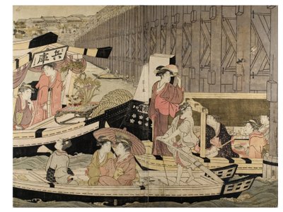 Sumida River-scen (från en pentapyk) av Chobunsai Eishi