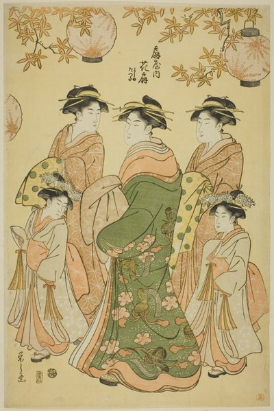 Courtesan Hanaogi från Ogiya, med barnskötare Yoshino och Tatsuta av Chobunsai Eishi