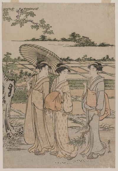 Tre kvinnor som promenerar på landsbygden, mitten av 1780-talet. av Chobunsai Eishi