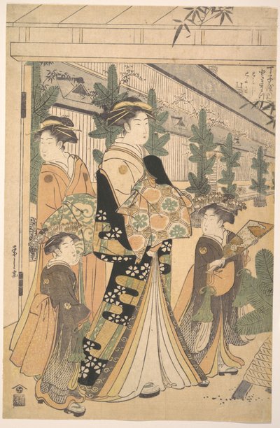 Två oiran med två kvinnliga följeslagare i Yoshiwara av Chobunsai Eishi