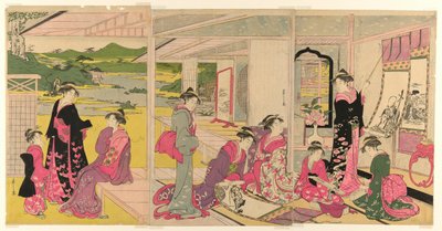 スウェーデンの幸運の神々の巻物を見る女性 av Chobunsai Eishi
