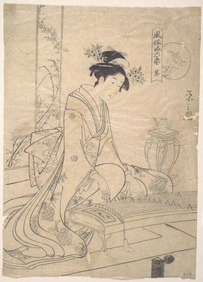 Ung dam som spelar ett musikinstrument av Chobunsai Eishi