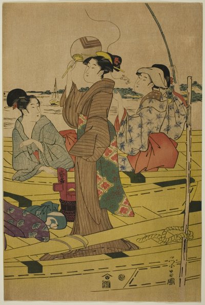 Kvinnor på en fiskebåt av Chokosai Eisho