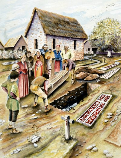 Vikingabegravning på en kyrkogård, York, Yorkshire, 1000-talet c2000 av Chris Evans