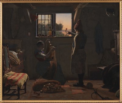 En fiskare visar sin dotter en båt som seglar iväg av Christen Dalsgaard