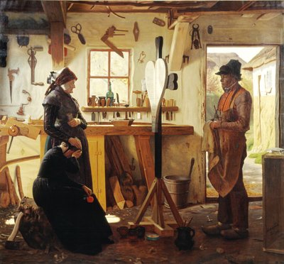 Två kvinnor besöker bykonstnären för att se det beställda gravkorset av Christen Dalsgaard