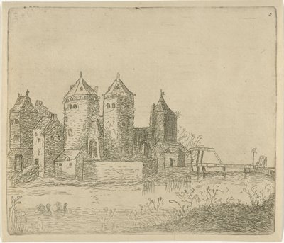 Utsikt över ett slott med en vallgrav av Christiaan Friedrich Ruppe