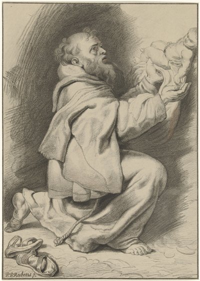 Den helige Franciskus av Assisi tar emot Kristusbarnet från Maria av Christiaan Josi