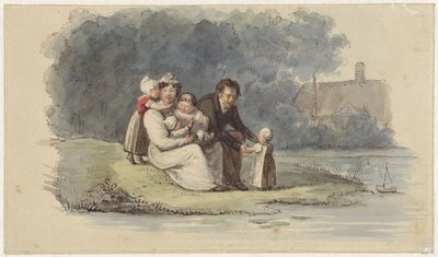 Familj sitter vid vattnet av Christiaan Julius Lodewijk Portman
