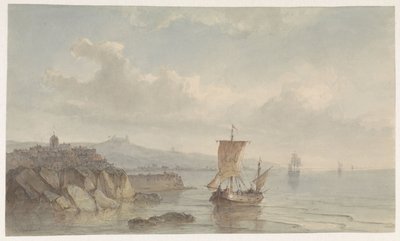 Kustlandskap med hamn och fartyg på vattnet av Christiaan Lodewijk Willem Dreibholtz