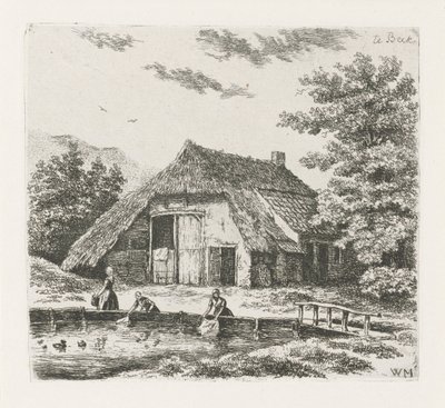 Tre kvinnor tvättar i Beek av Christiaan Wilhelmus Moorrees