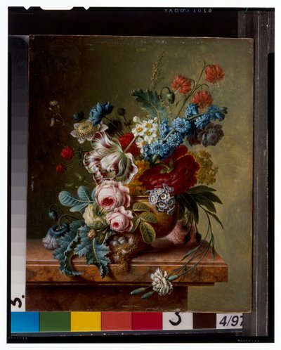 En vas med blommor på en marmoravsats & en korg med blommor med en guldfink av Christiaan van Pol