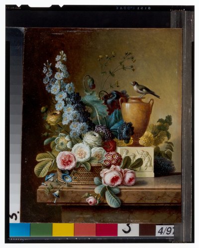 En vas med blommor på en marmoravsats & en korg med blommor med en guldfink av Christiaan van Pol