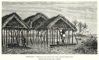Wayuu (Guajiro) indianernas bostäder vid sjöar, Maracaibo, Venezuela (litho) av Christian Anton Goering