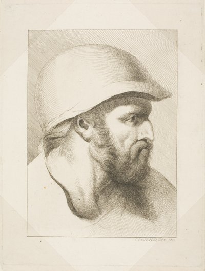 Skäggigt manshuvud med stålhjälm av Christian Frederick Köhlitz