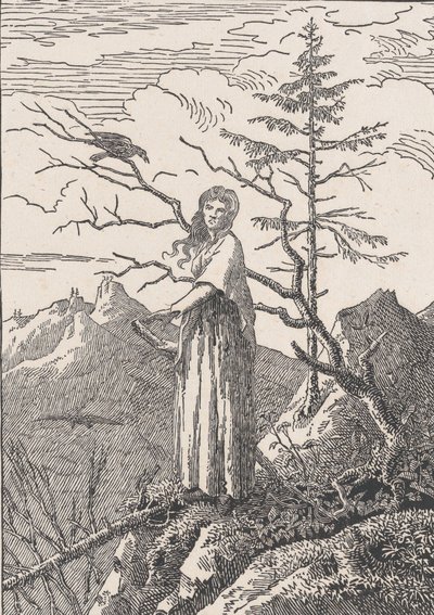 Kvinna med en korp Kvinnan med korpen på avgrunden, troligen 1803. av Christian Friedrich