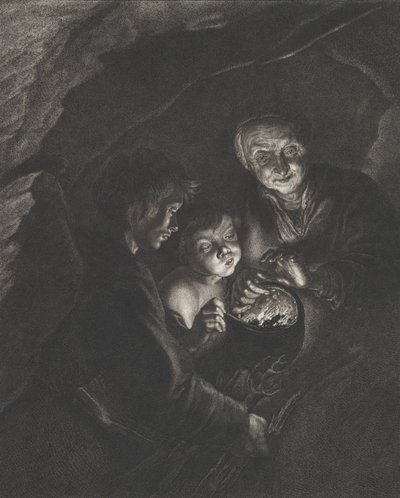 Nattscen i en grotta med en gammal kvinna som håller brinnande kol i en gryta, en pojke blåser..., ca. 1750-57 av Christian Friedrich Boëtius