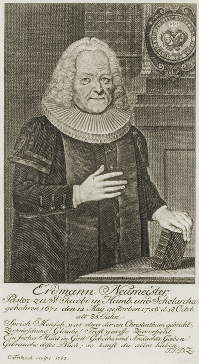 PPN663946751 Erdmann Neumeister, pastor vid St Jacobi i Hamburg och Scholarcha. (1763) av Christian Fritzsch