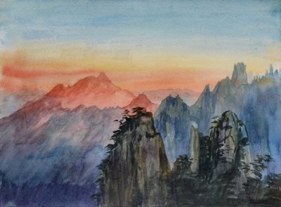 Buddhas ljus - Soluppgång Rose Mountain, 2015 (akvarell på papper) av Christian Furr