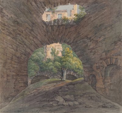 Ett ungt par tittar på ruiner nära Bingen, 1801. av Christian Georg Schutz