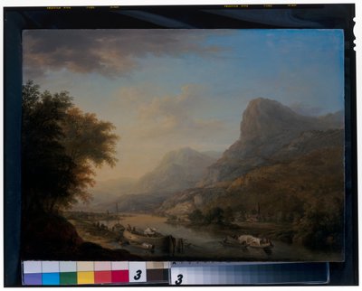 Bergigt flodlandskap av Christian Georg the Elder Schuetz