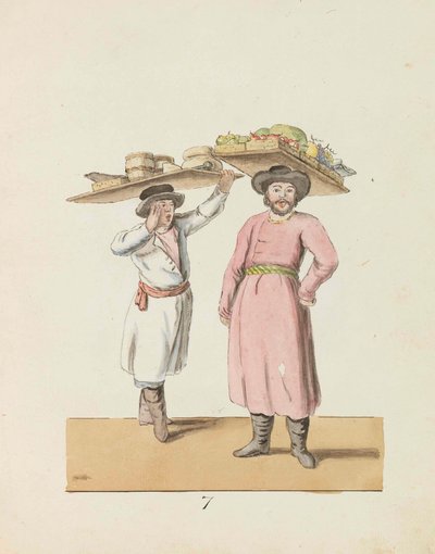 Fruktförsäljare och bonde som säljer ost och sill Ur serien St. Petersburg..., 1799. av Christian Gottfried Heinrich Geissler