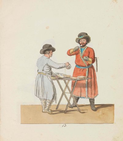 Kissel-försäljare och herrgårdskusk Från serien The St. Petersburg Peddlers, 1799. av Christian Gottfried Heinrich Geissler